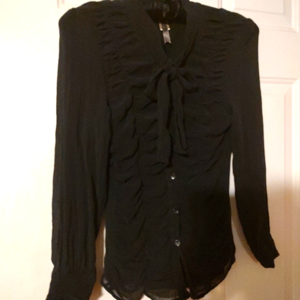 🐦⬛🖤🐦⬛ Divine Vintage Genuine Silk Black Sheer Ruffled Bow Blouse Top - 12 - Picture 2 of 16